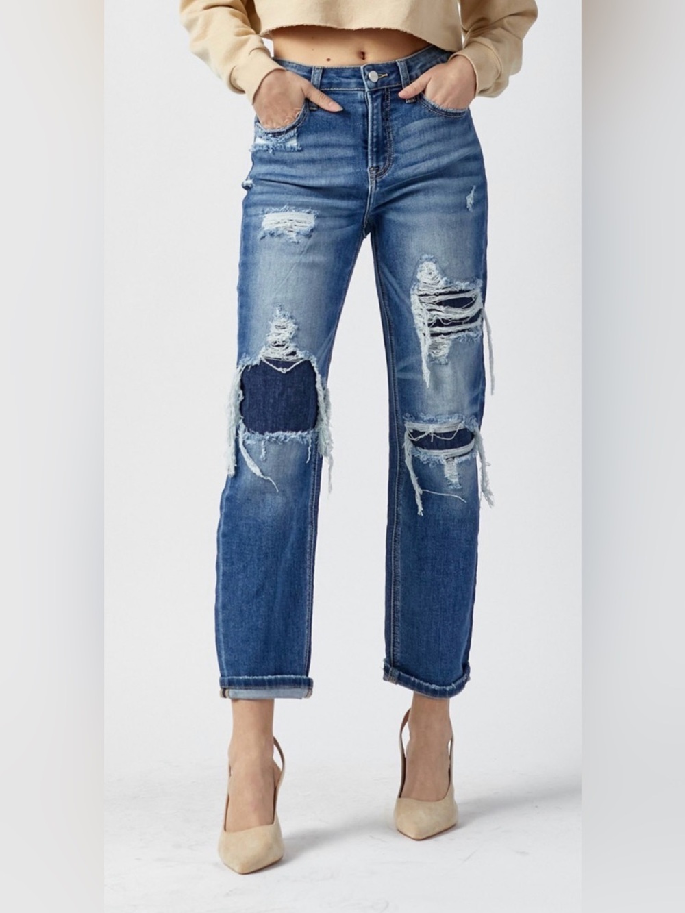 Risen Jeans HIGH RISE CROP STRAIGHT CUFFED JEANS